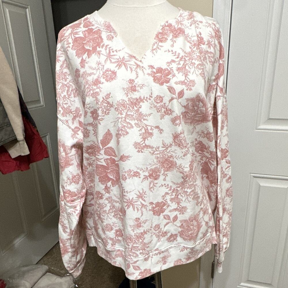 Indigo Soul Women's White Pink Floral V-Neck Pullover Sweatshirt 2XL